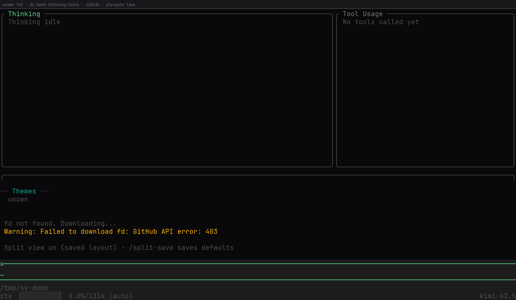 terminev split view — the top band with a Thinking panel beside a Tool Usage panel, the transcript below